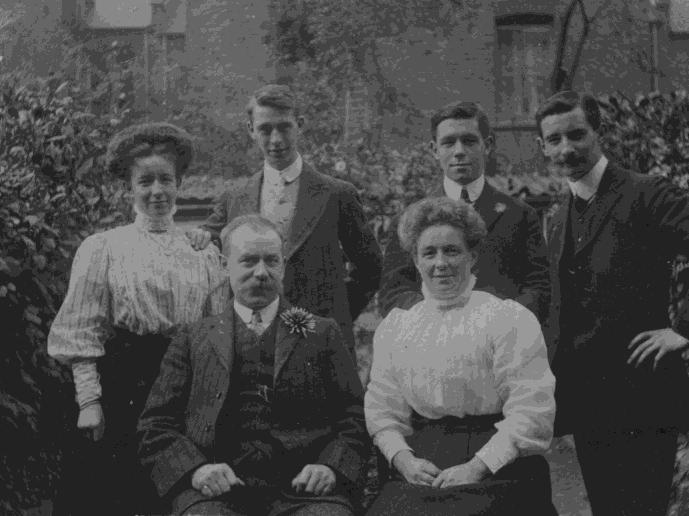 Family group photographed in the garden of 41 Landor Road, Stockwell, where the family lived. Back row, left to right: Mabel, Oscar, Henry and Eric. Seated in front: Alf and Rose. Approximate date 1911. (Photo courtesy of Sarah Mackay)